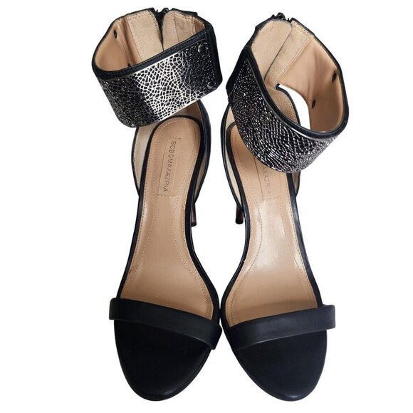 BCBG Maxazria Leather Stiletto Sandals With Cuff Ankle Strap Black Silver Size 9 - Picture 2 of 16